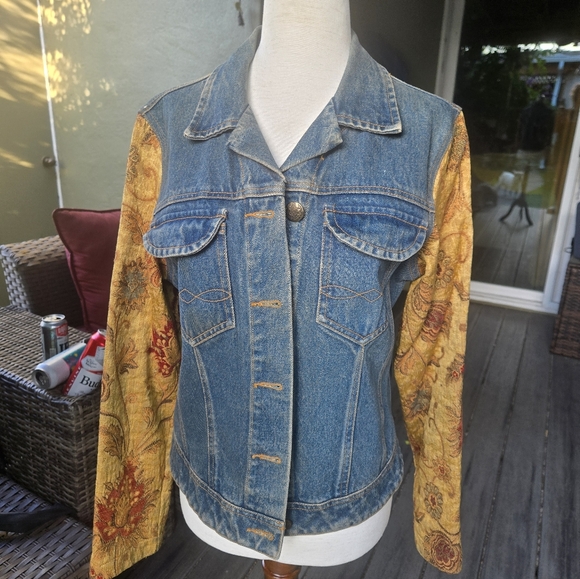 CAbi Jackets & Blazers - Cabi Denim Jacket with Brocade Floral Sleeves – Size Small